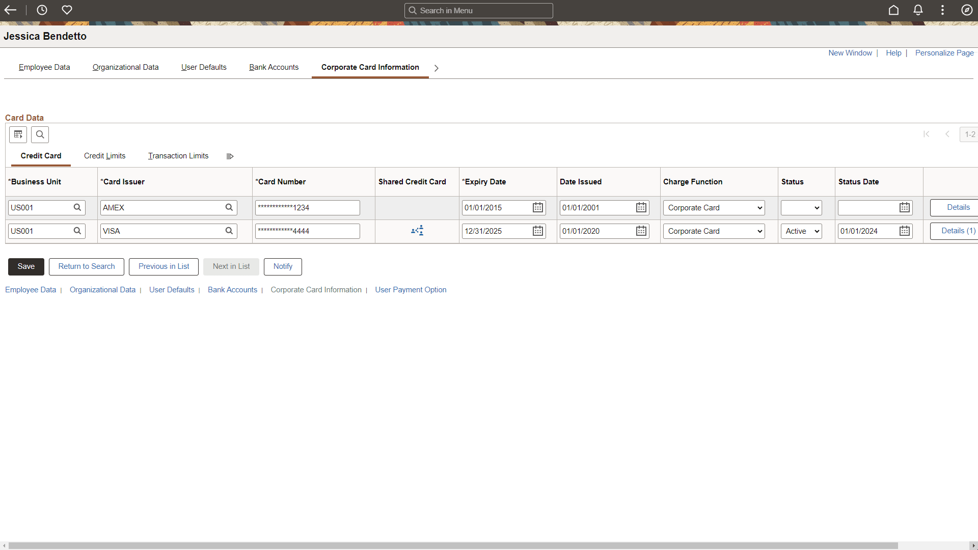 Employee Profile: Corporate Card Information