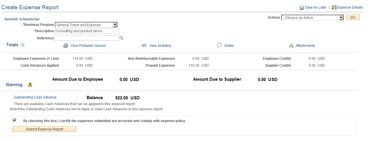 Create Expense Report - Summary and Submit page