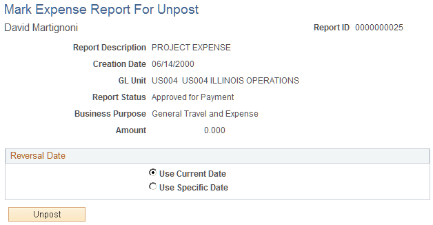 Mark Expense Report For Unpost page