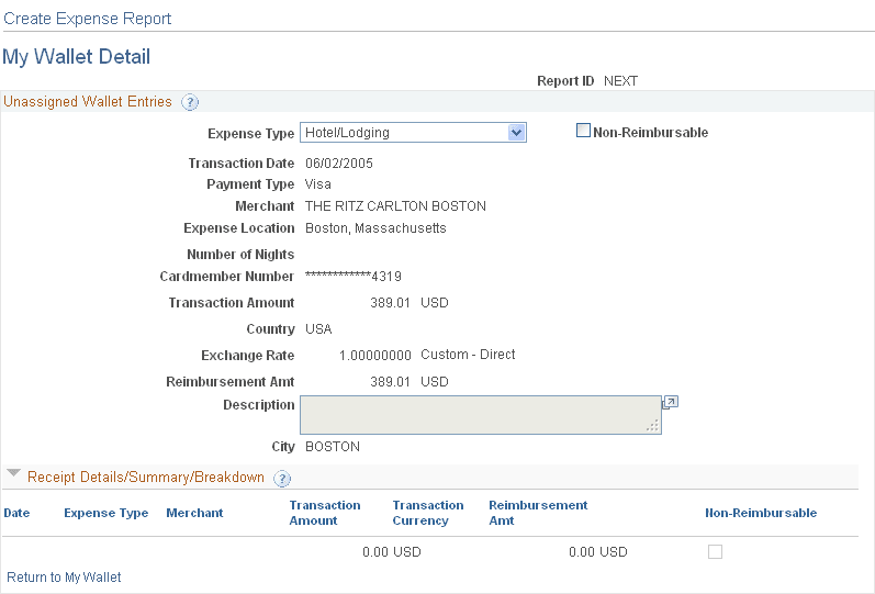 Create Expense Report - My Wallet Detail page