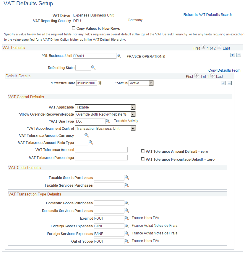 VAT Defaults Setup - VAT Driver: Expenses Business Unit page