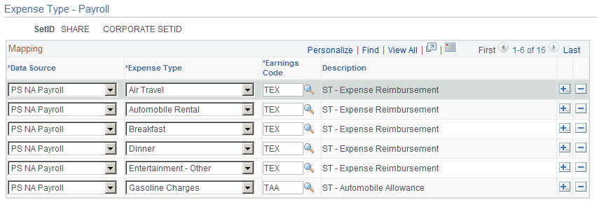 Expense Type - Payroll page