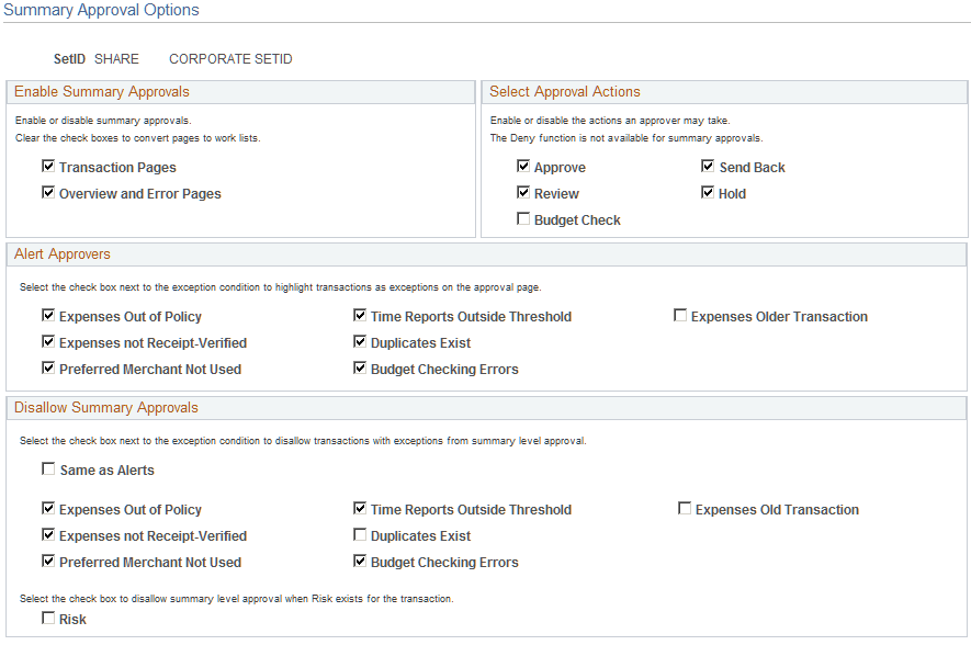 Summary Approval Options page