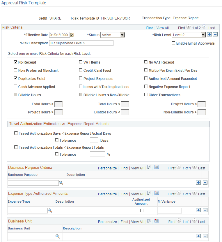 Approval Risk Template page (1 of 2)
