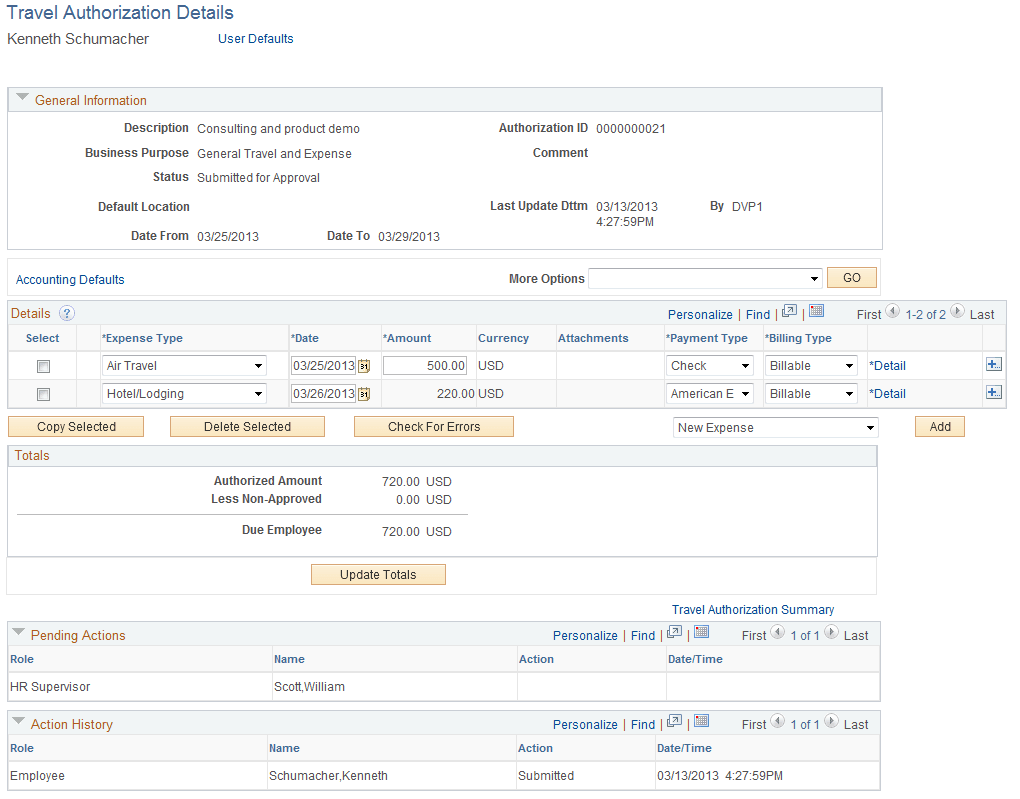 Approve Travel Authorization - Travel Authorization Details page
