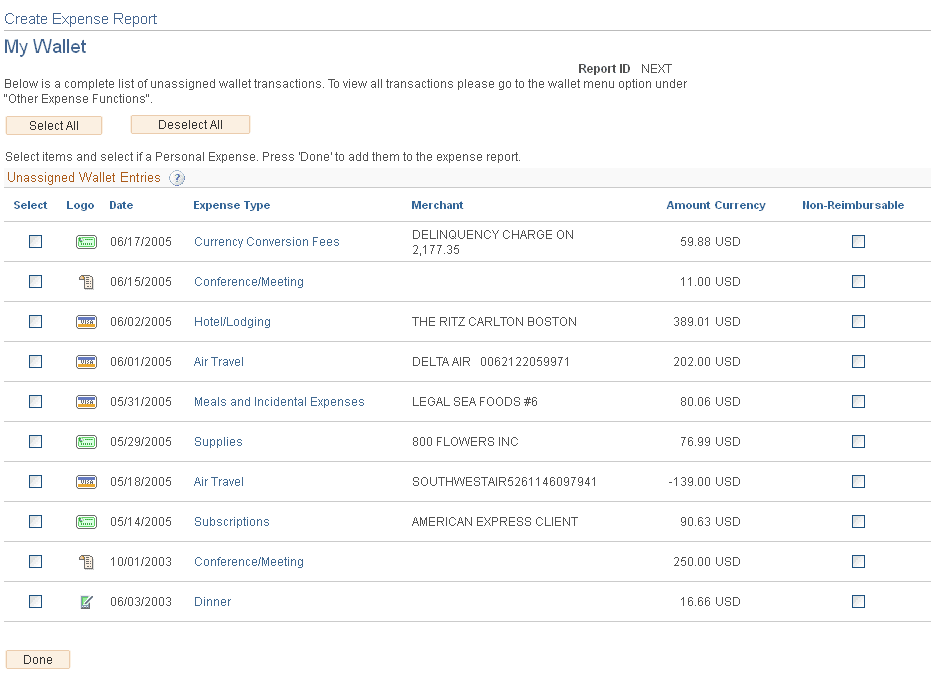 Create Expense Report - My Wallet page