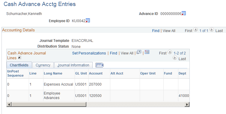 Cash Advance Acctg Entries page (partial)