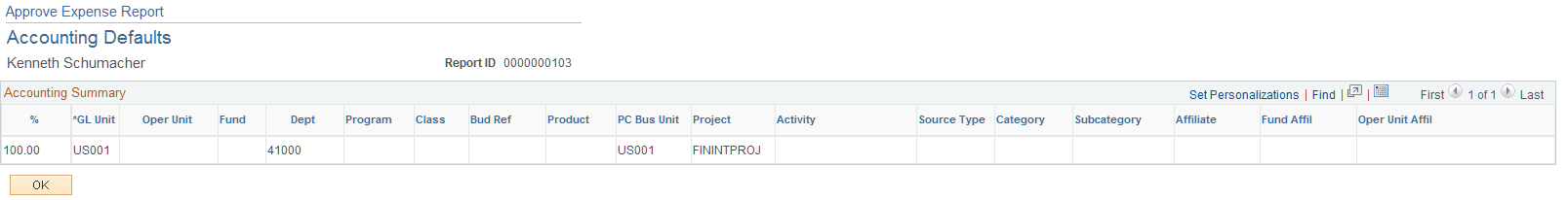 Approve Expense Report - Accounting Defaults page