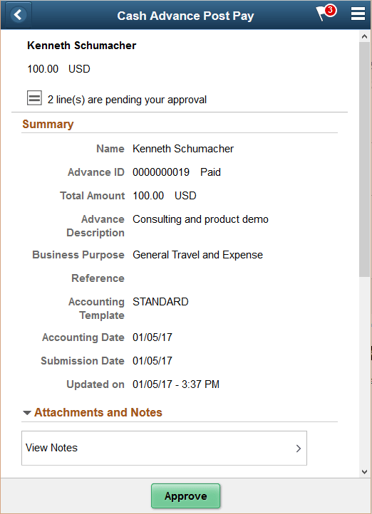 Cash Advance Post Pay header approval page as displayed on a smartphone
