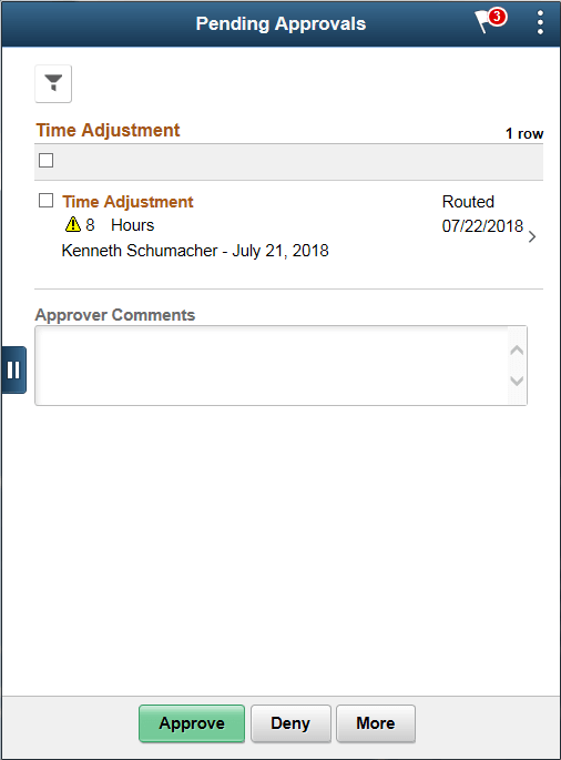 Pending Approvals - Time Adjustment list page as displayed on a smartphone