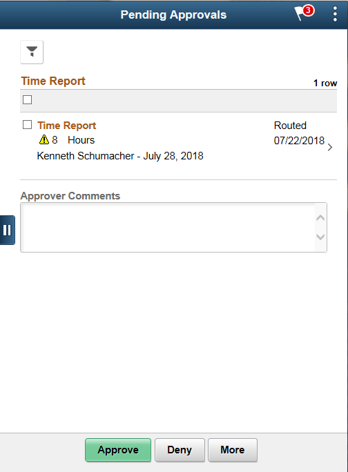 Pending Approvals - Time Report list page as displayed on a smartphone