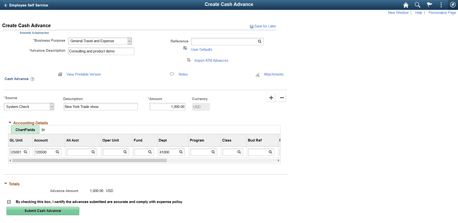 Create Cash Advance Page
