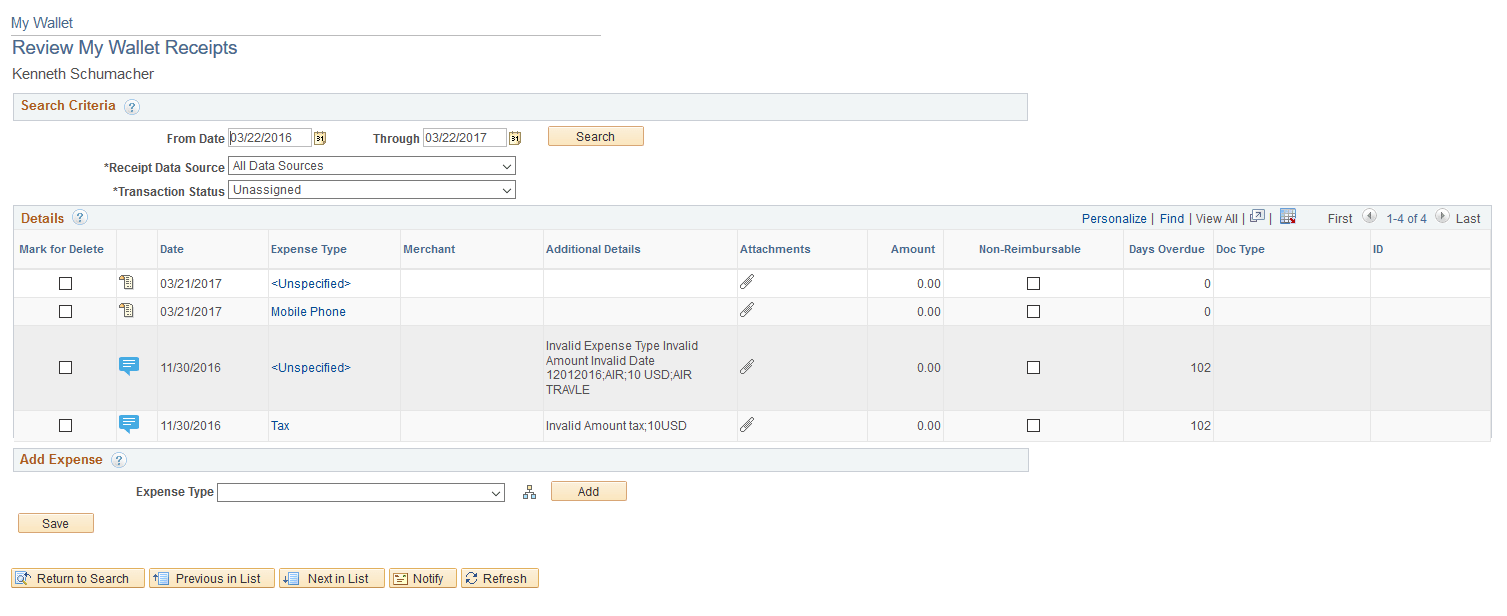My Wallet - Review My Wallet Receipts page