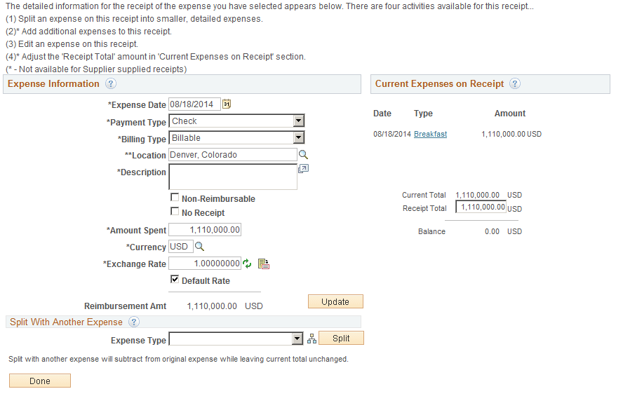 Receipt Detail for Expense [expense type] page