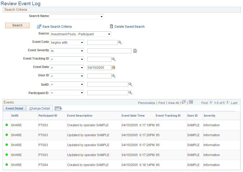 Review Event Log page