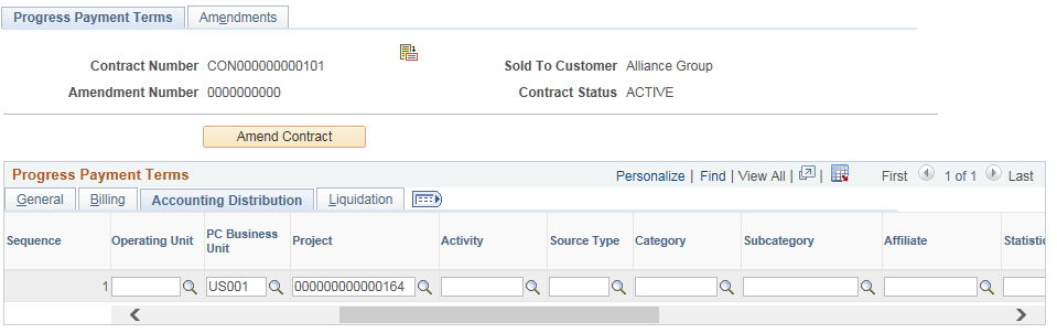 Progress Payment Terms page - Accounting Distribution tab