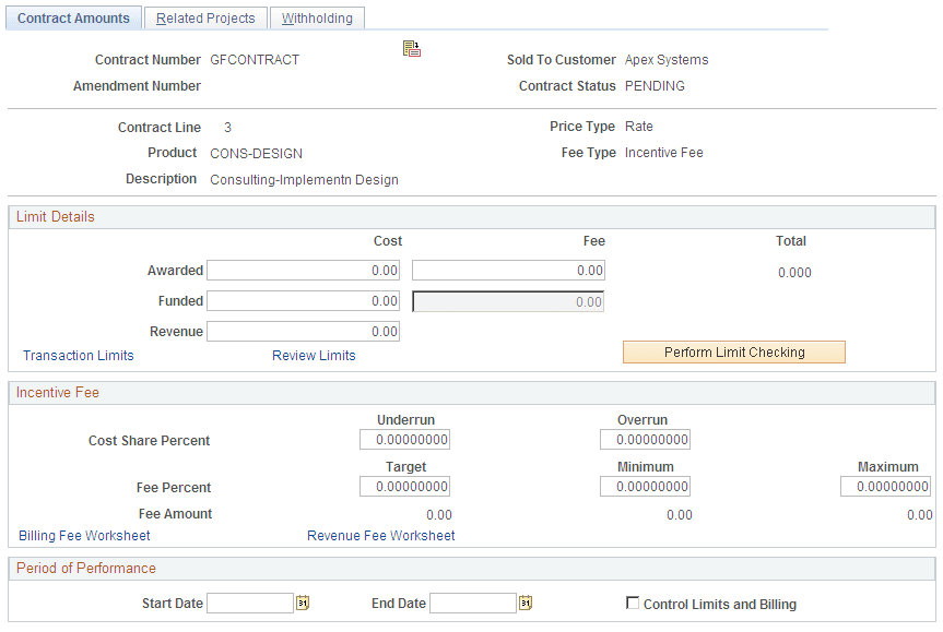 Contract Amounts page (incentive fee type)