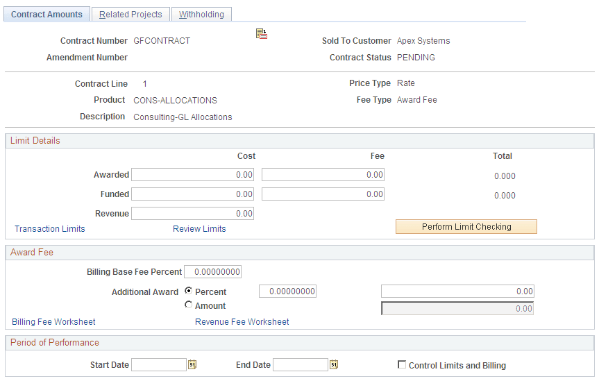 Contract Amounts page (award fee type)
