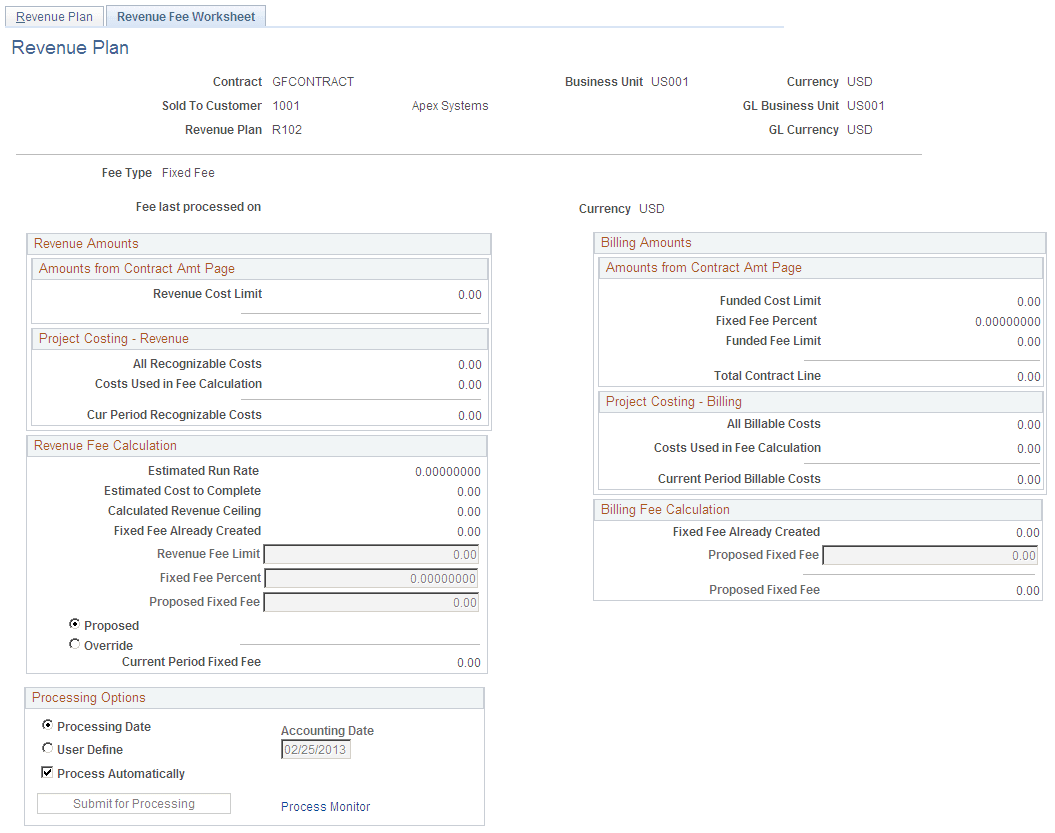 Revenue Fee Worksheet page (fixed fee type)