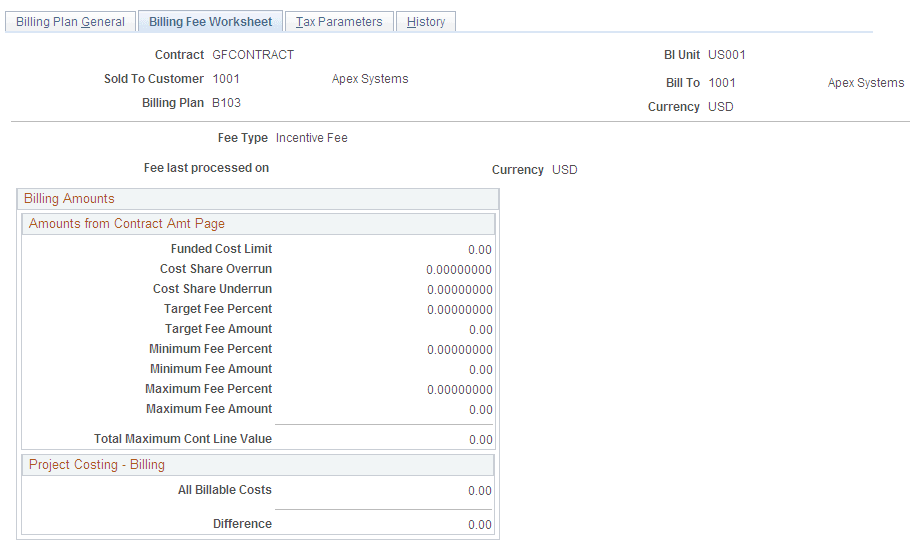 Billing Plan - Billing Fee Worksheet page (1 of 2) (incentive fee type)