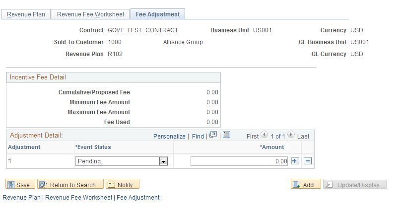 Fee Adjustment page (incentive fee type)
