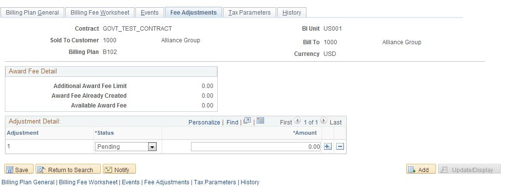 Billing Plan - Fee Adjustments page (award fee type)