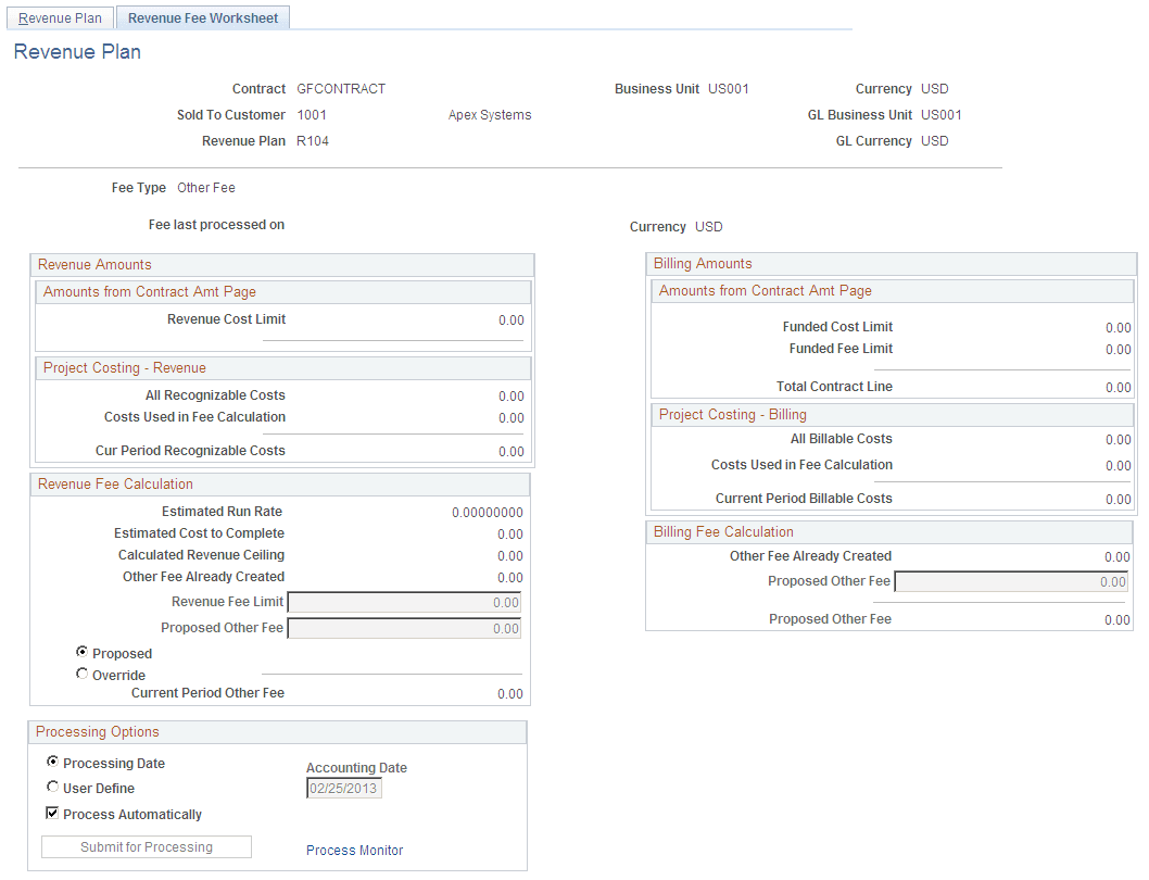 Revenue Fee Worksheet page (other fee type)