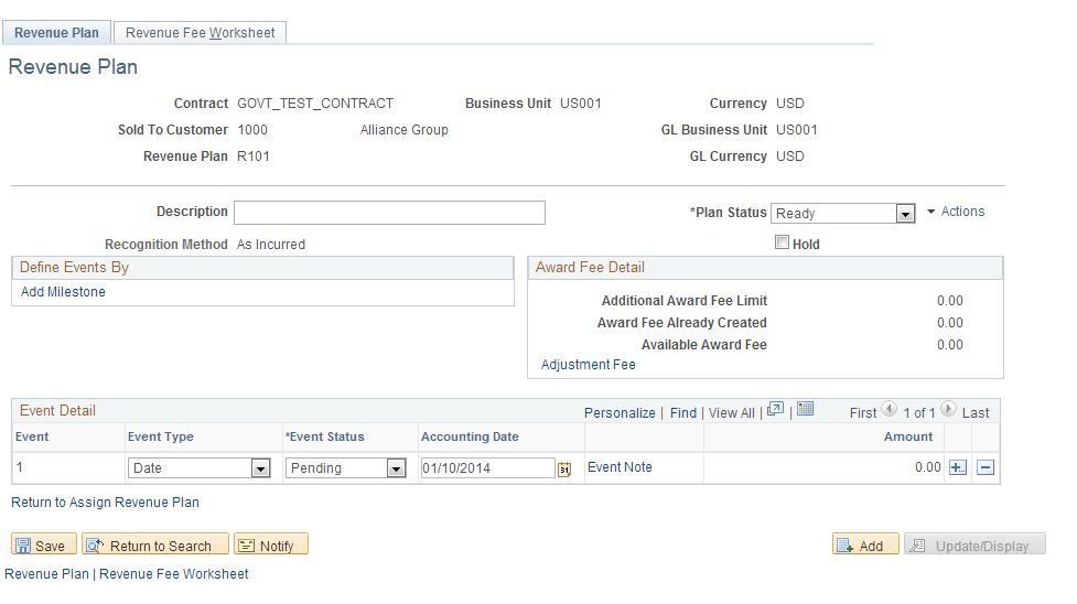 Revenue Plan page (award fee schedule)