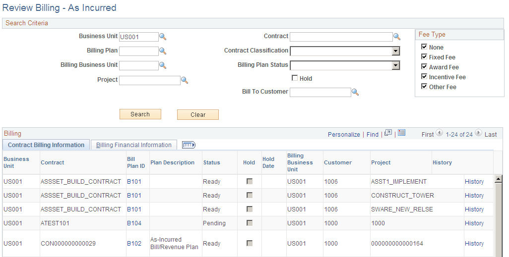 Review Billing - As Incurred page