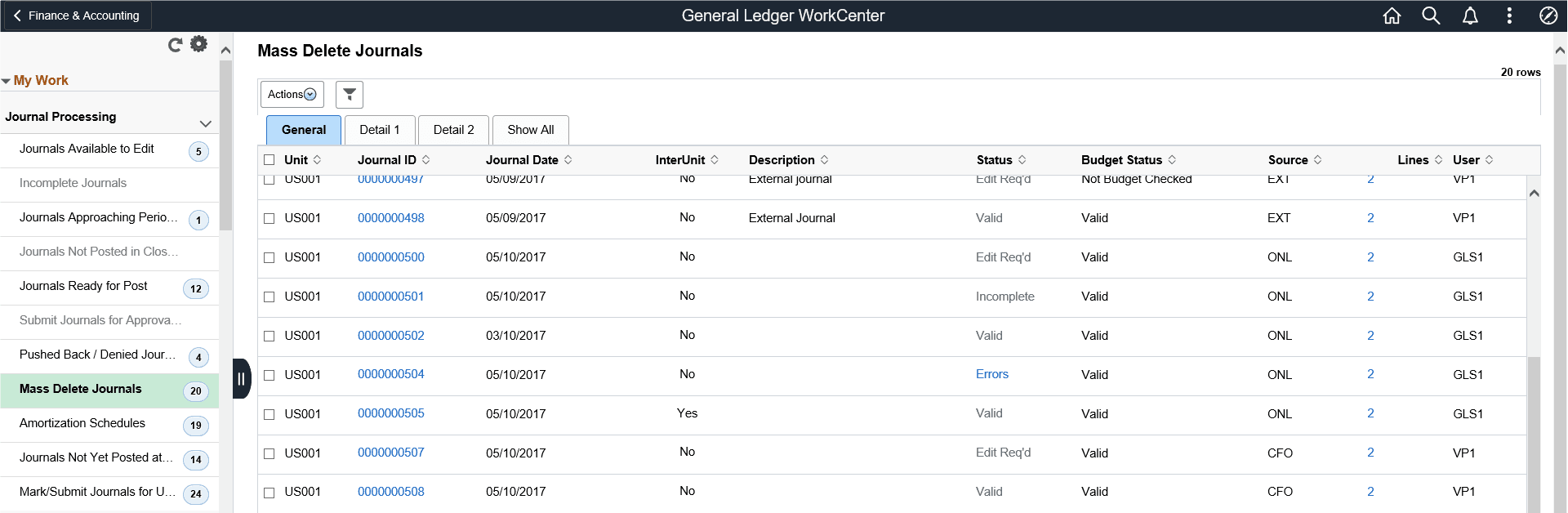 Mass Delete Journals page
