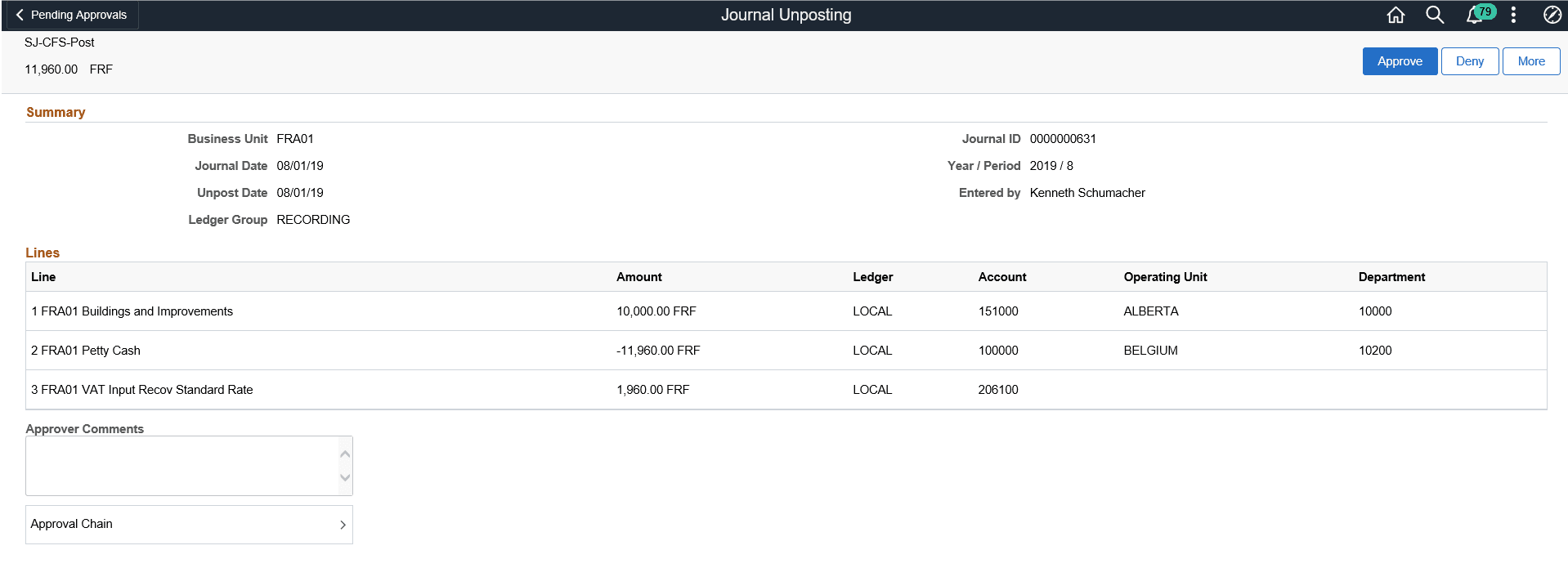 Pending Approvals - Journal Entry Page