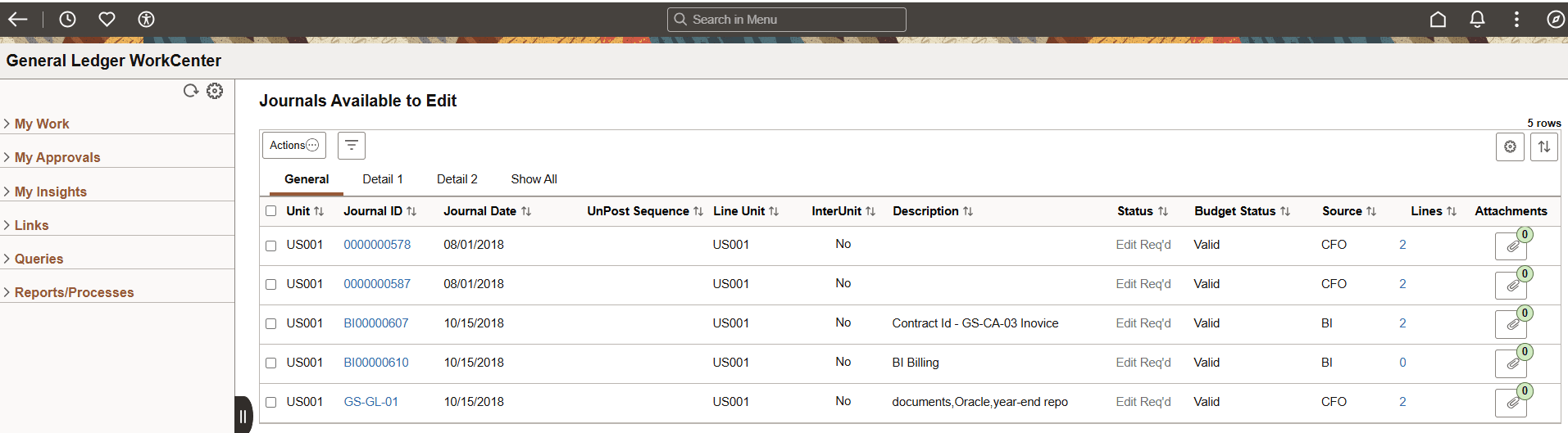 General Ledger WorkCenter