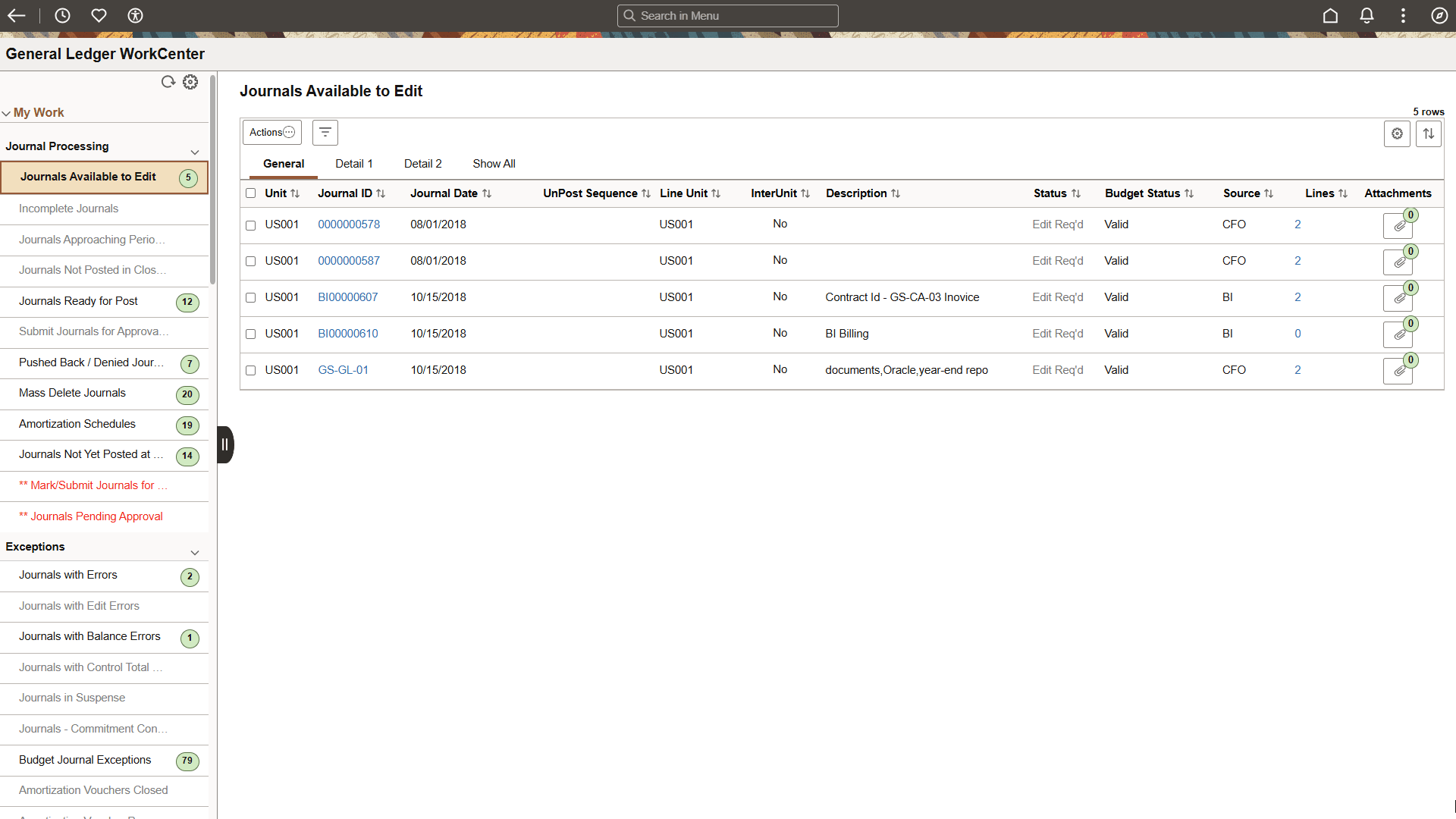General Ledger WorkCenter - My Work Page (Fluid)