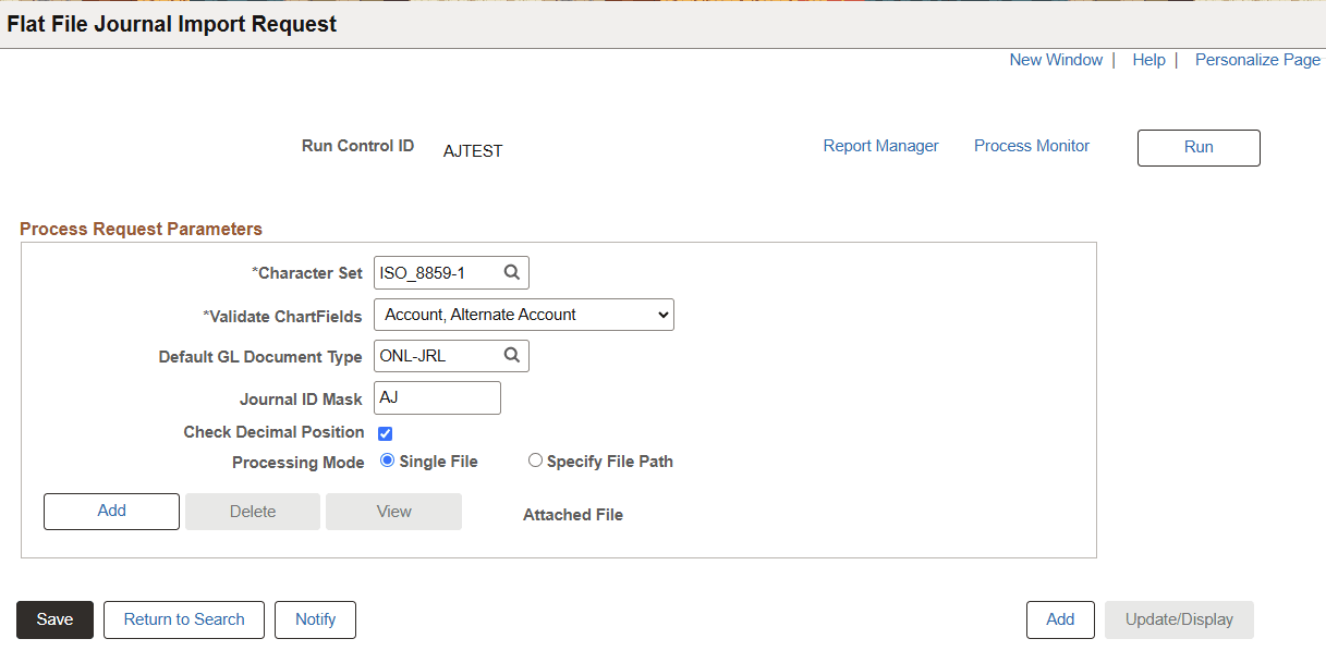 Flat File Journal Import Request Page