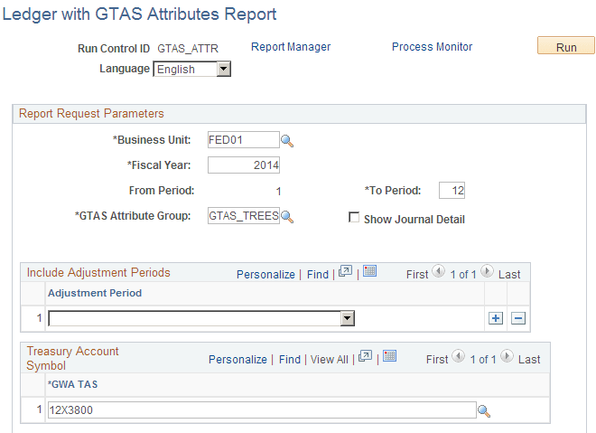 Ledger with GTAS Attributes Report run control page