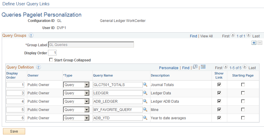 General Ledger WorkCenter - Queries Pagelet Personalization page