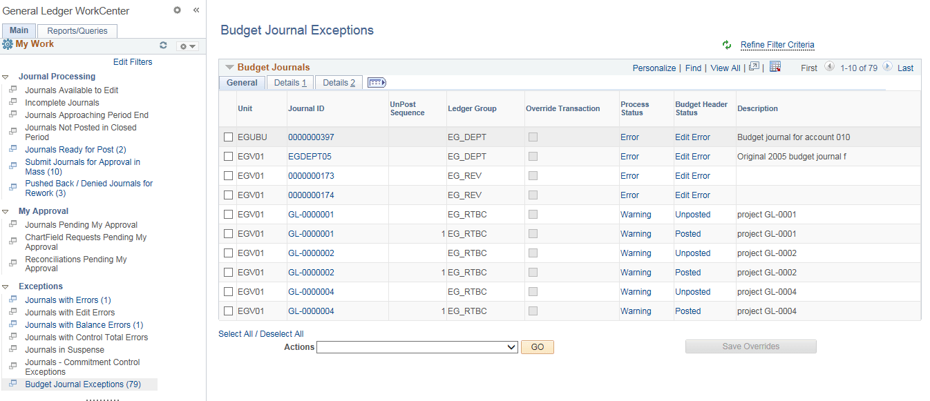 General Ledger WorkCenter - Budget Journal Exceptions