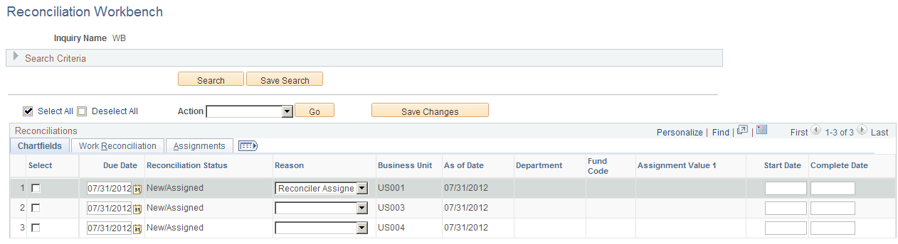 Reconciliation Workbench - ChartFields tab