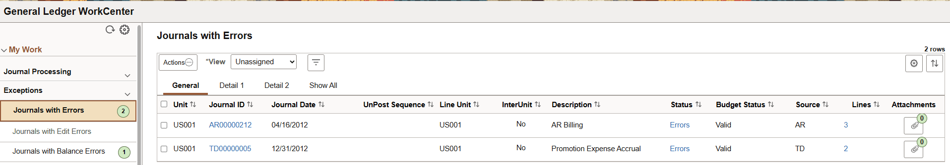 General Ledger WorkCenter - Journals with Errors (Work Management enabled)