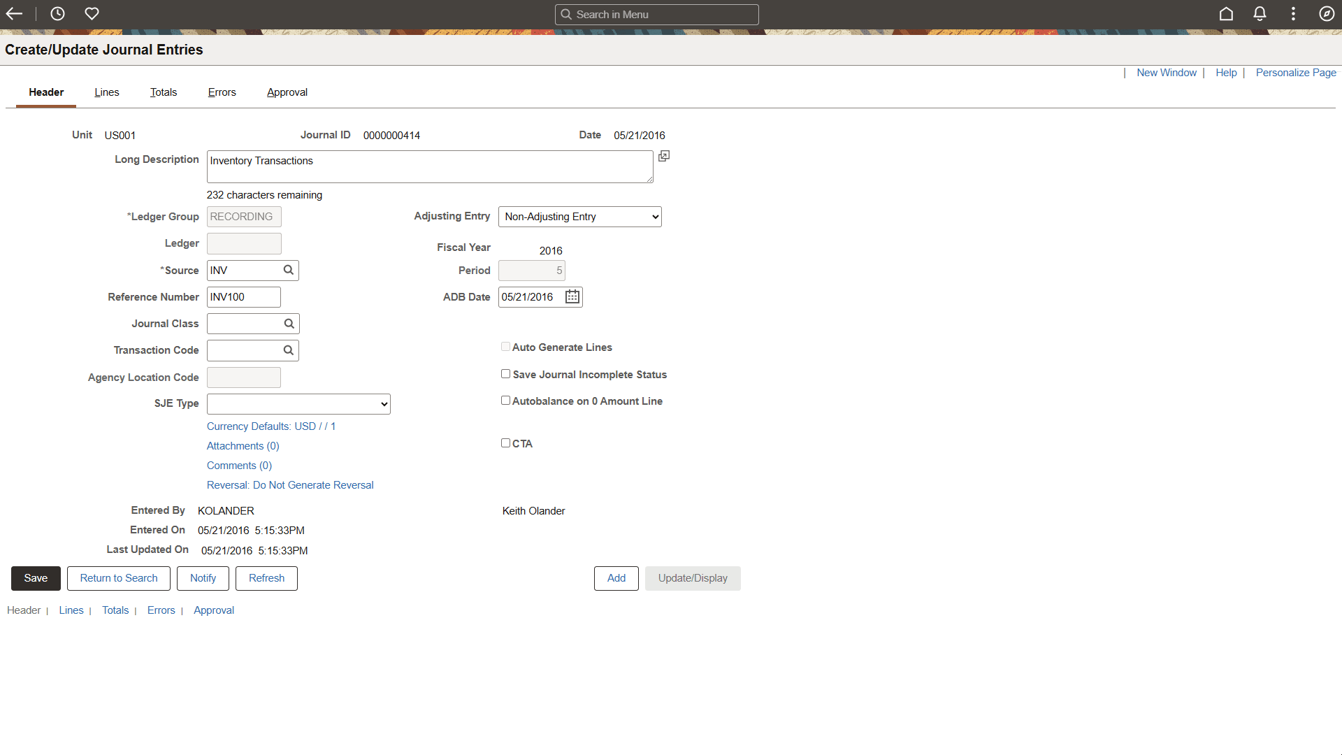 Create/Update Journal Entries - Header