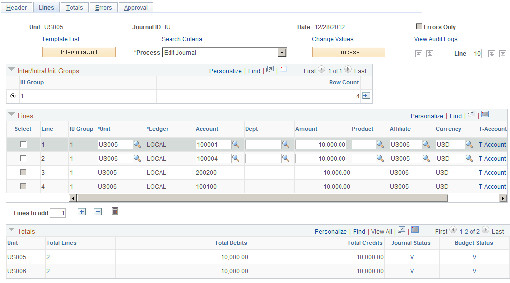 Journal Entry - Lines page (interunit example)