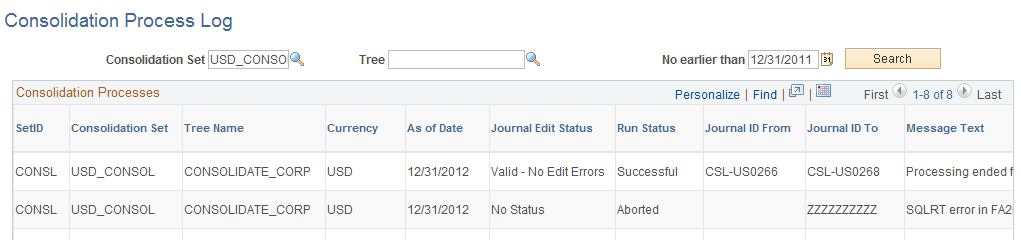 Consolidation Process Log page