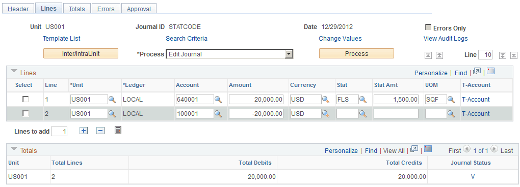 Journal Entry - Lines page (statistics code entry)