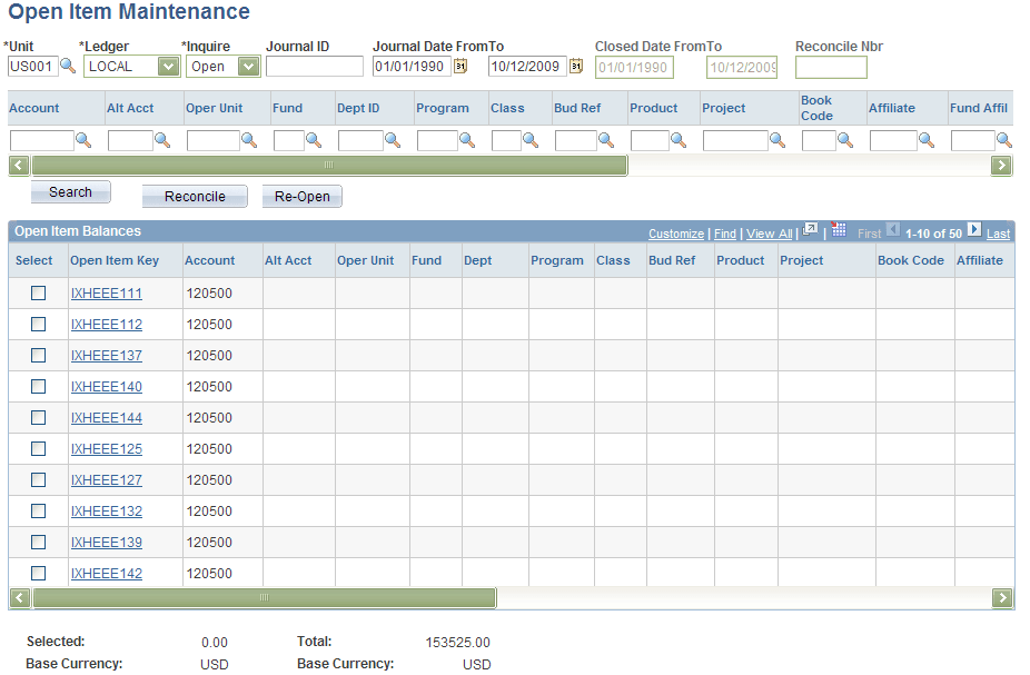 Open Item Maintenance page (1 of 2)