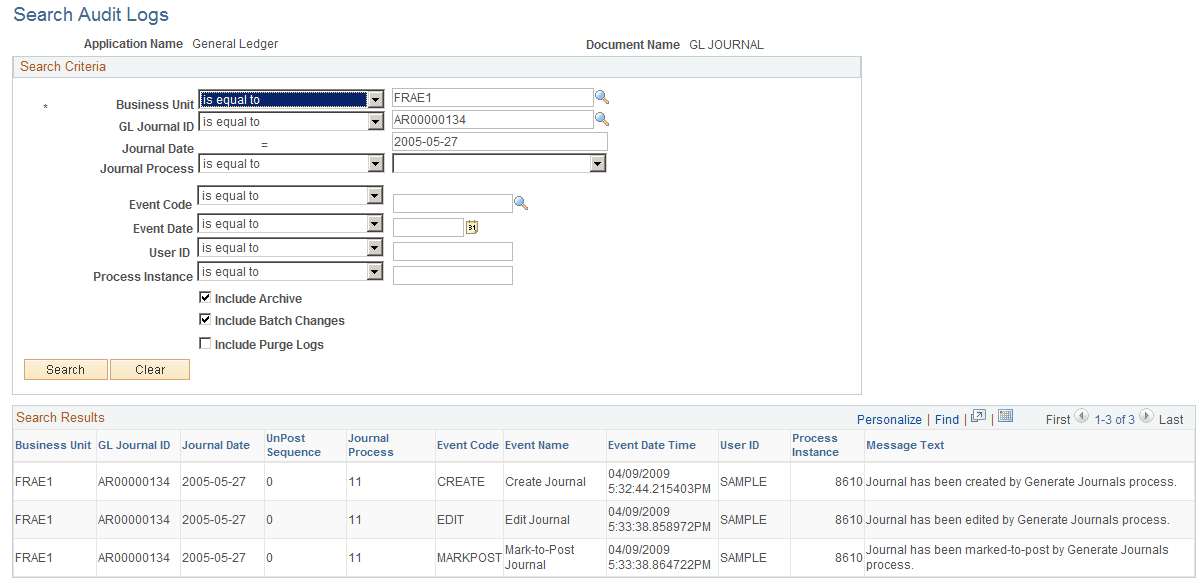 Search Audit Logs page