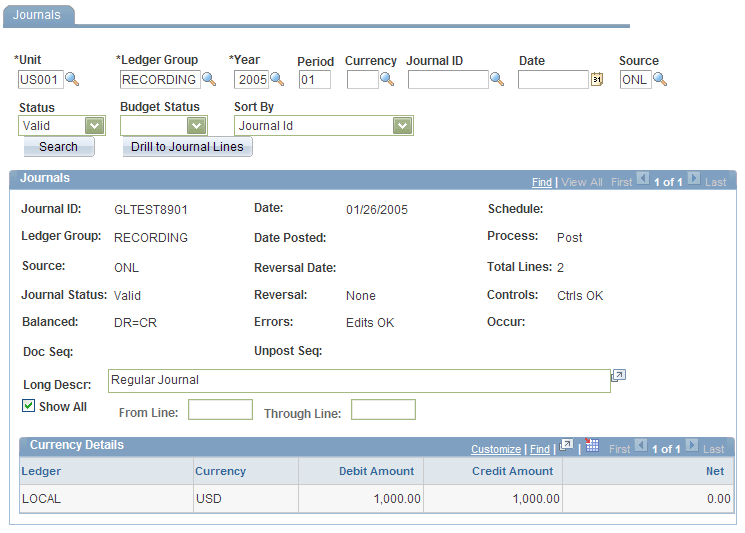 Ledger Group Inquiry - Journals page