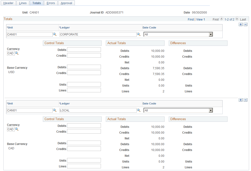 Journal Entry - Totals page