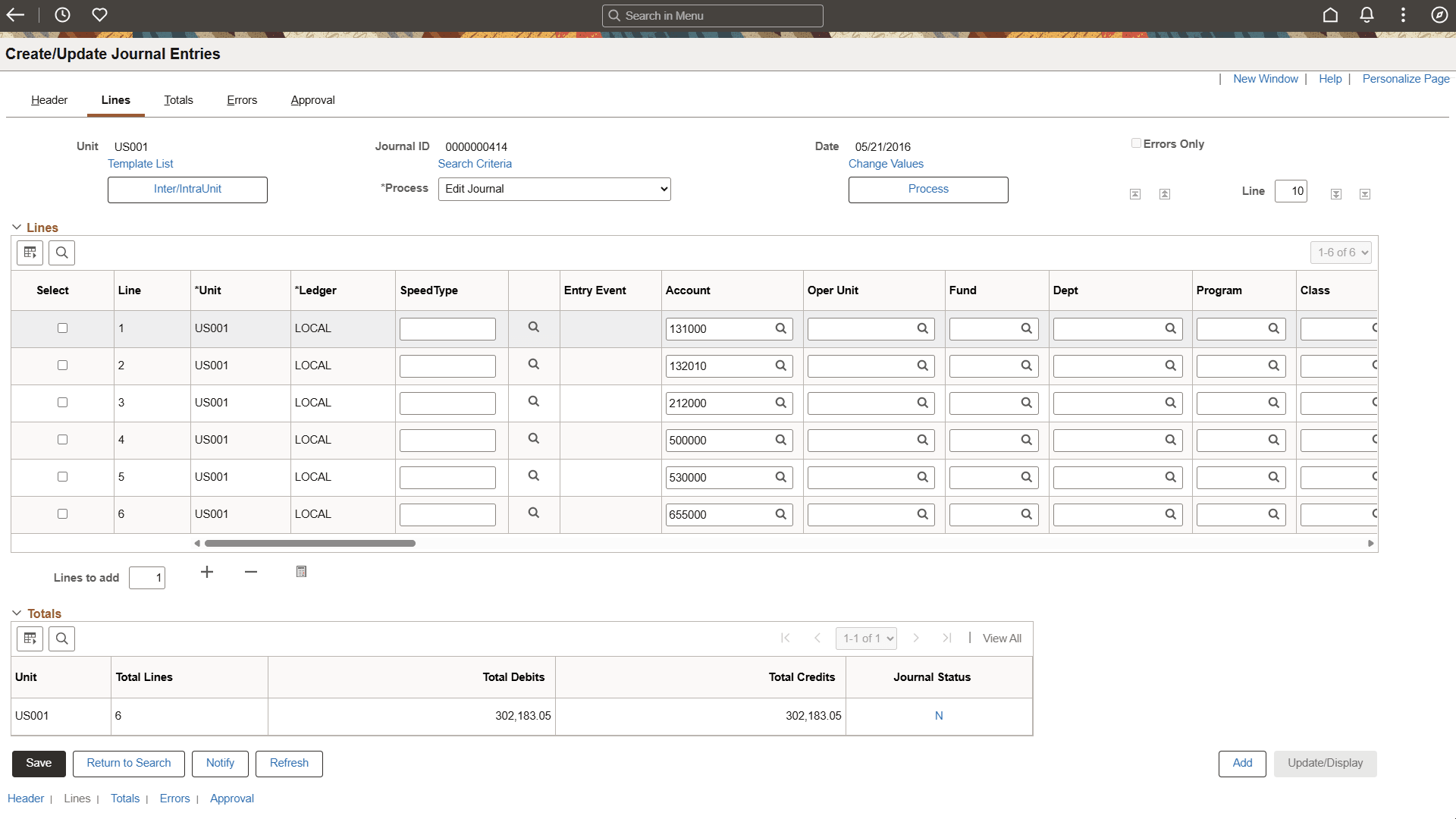 CreateUpdateJournalEntries - Lines (1 of 6)