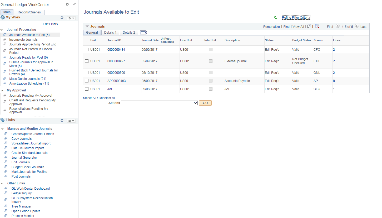 General Ledger WorkCenter - Journals Available to Edit