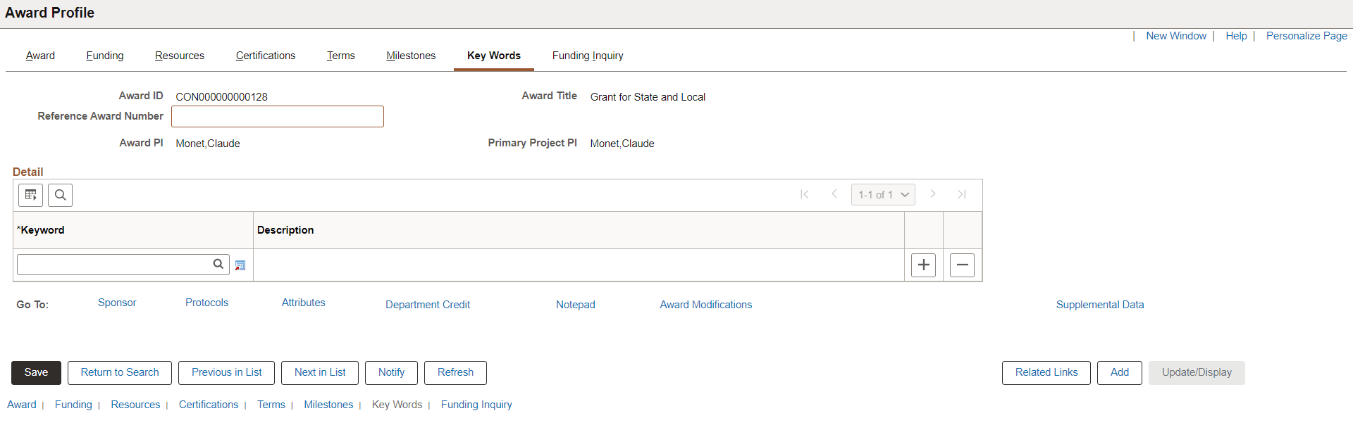 Award - Key Words page